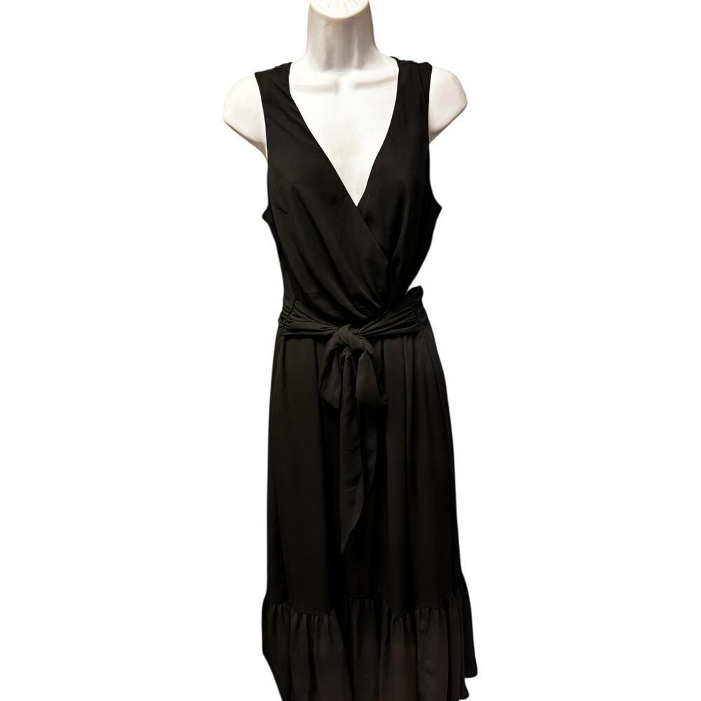 Tommy Bahama Wrap Dress 12 Black Sleeveless Ruffled Flowy Tie Front Whimsygoth
